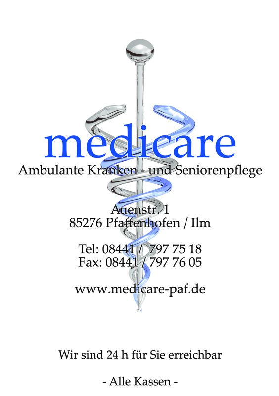 Banner mit dem Logo von medicare und Details zum Unternehmen